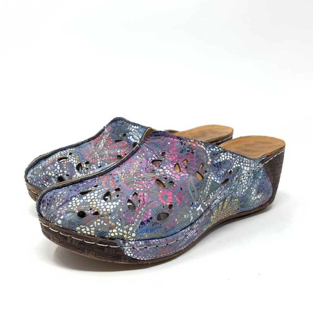 BoNaVi Size 37 Leather Wedge Clogs Sandals Comfort Slip On Laser Cutouts